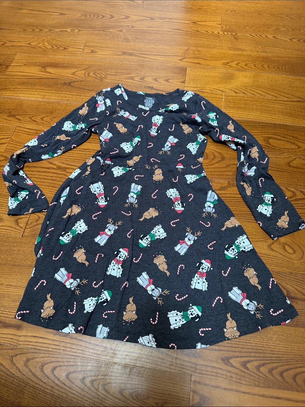 Girls' Charcoal Holiday Animal Print Long-Sleeve Dress